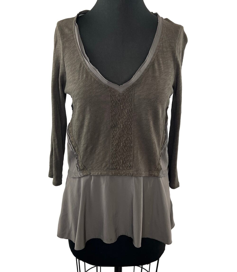 Anthropologie Meadow Rue Brown Melia Peplum V-Neck Long Sleeve Lace Top Shirt S